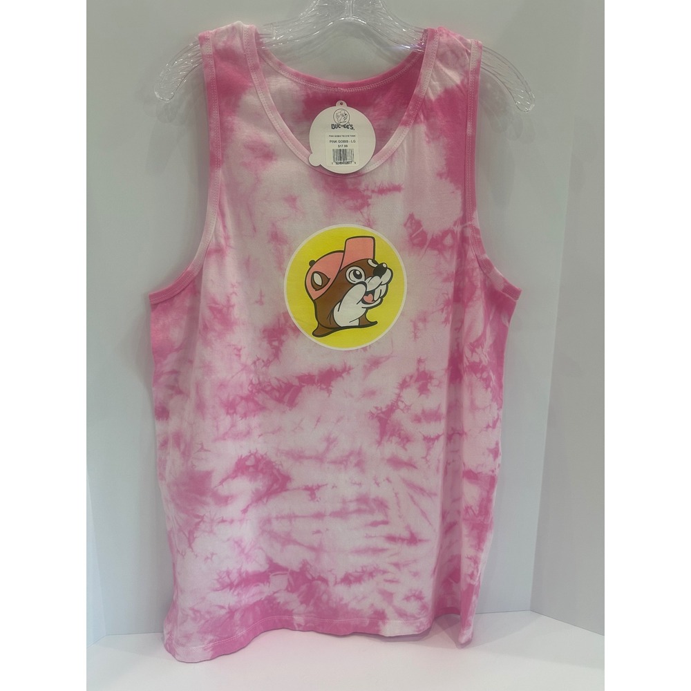 Buc-ee's Women Pink Tie Dye Tank Top Large Beaver Mascot Graphic Sleeveless Tee